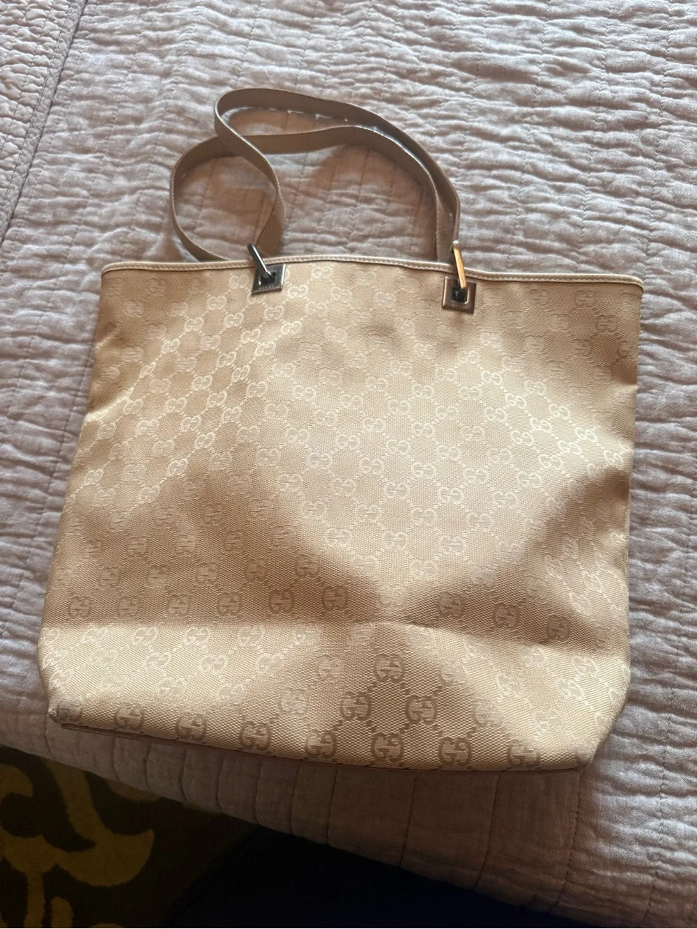 Gucci GG Canvas Tote Bag Beige Leather Trim Shoulder Bag Authentic Italy - Picture 2 of 7